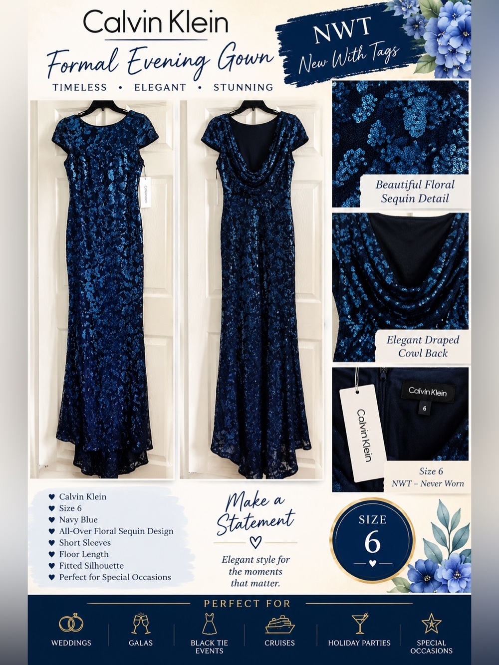 Calvin Klein Navy Sequin Formal Dress NWT - Size 6